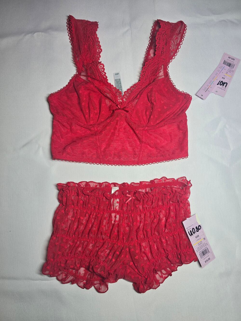 Wild Fable Women's Red Heart Mesh Lace Bralette & Ruched Boyshort Set